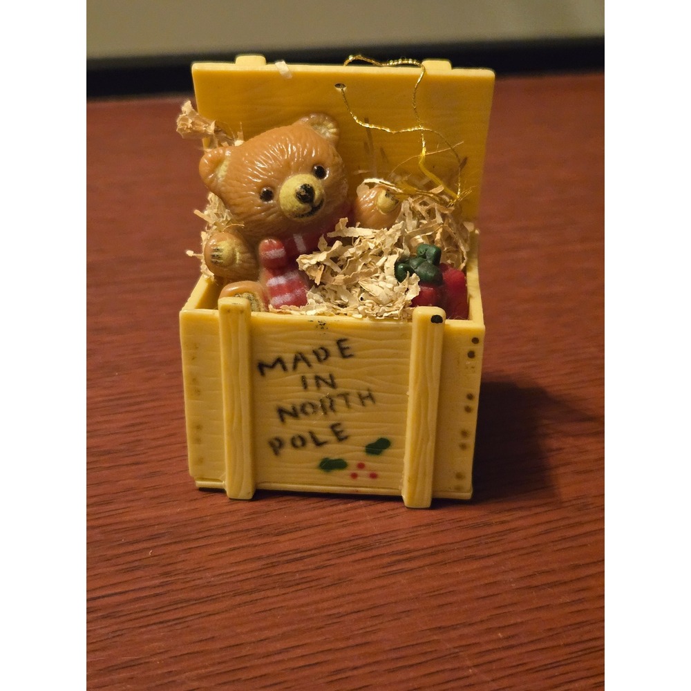 Vintage‎ Teddy Bear in North Pole Crate Christmas Ornament Yellow Plastic Toy